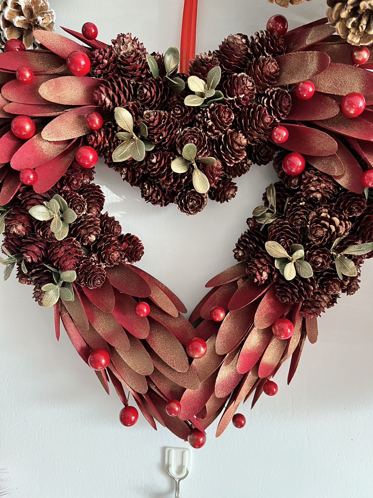 Red Heart Christmas Wreath, Green, Crestwood Spruce, White Lights, Decorated with Pine Cones, Berry Clusters, Frosted Branches, Christmas Collection