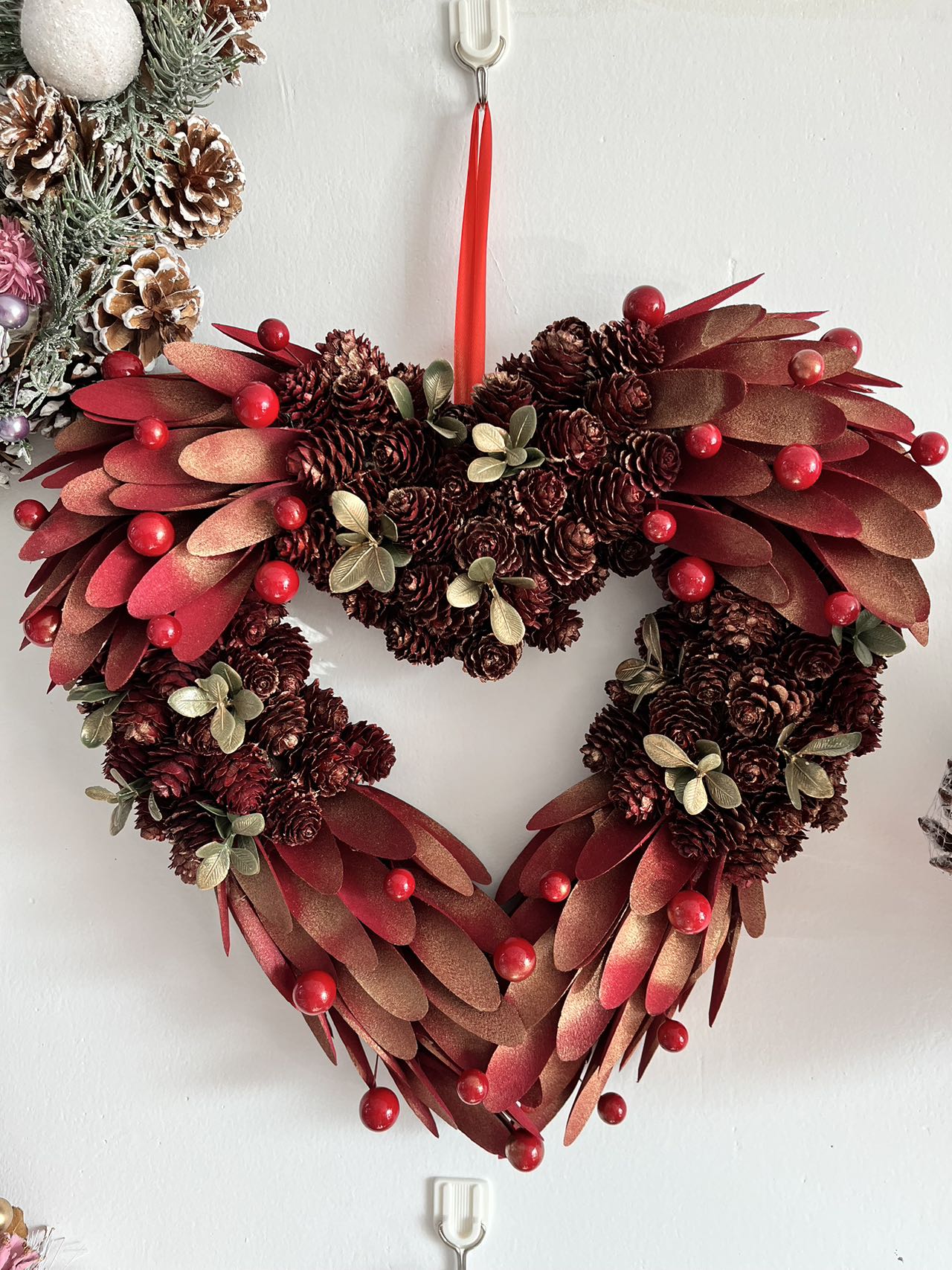 Red Heart Christmas Wreath, Green, Crestwood Spruce, White Lights, Decorated with Pine Cones, Berry Clusters, Frosted Branches, Christmas Collection