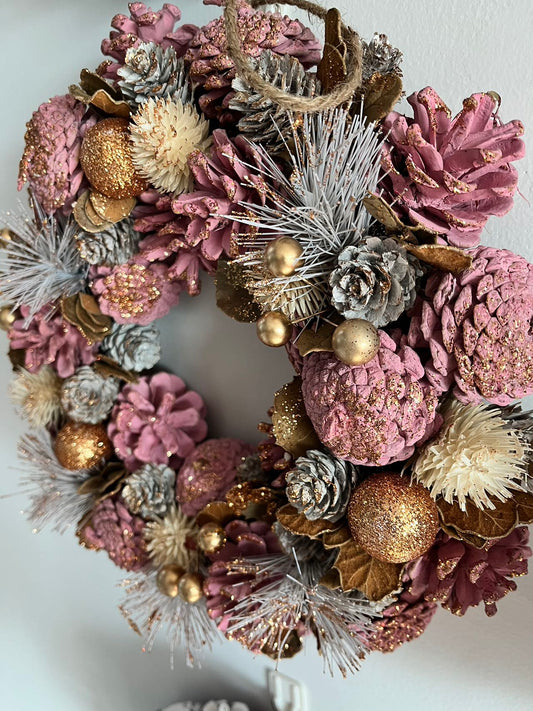 Pink Christmas Wreath, Green, Crestwood Spruce, White Lights, Decorated with Pine Cones, Berry Clusters, Frosted Branches, Christmas Collection