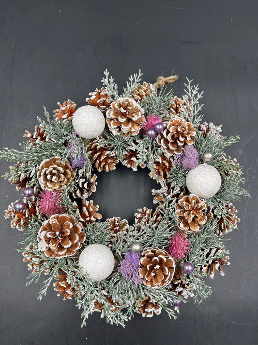 Snow Ball Christmas Wreath, Green, Crestwood Spruce, White Lights, Decorated with Pine Cones, Berry Clusters, Frosted Branches, Christmas Collection