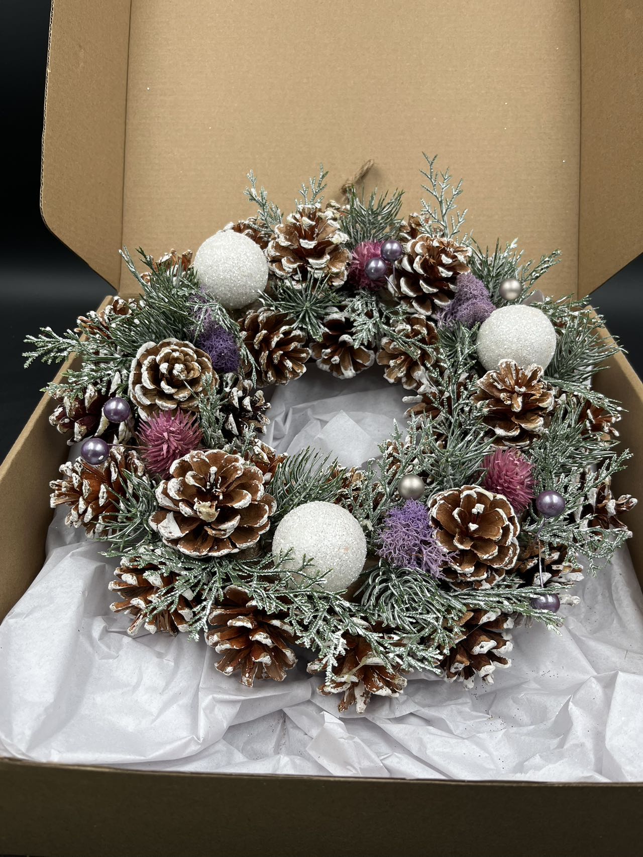 Snow Ball Christmas Wreath, Green, Crestwood Spruce, White Lights, Decorated with Pine Cones, Berry Clusters, Frosted Branches, Christmas Collection