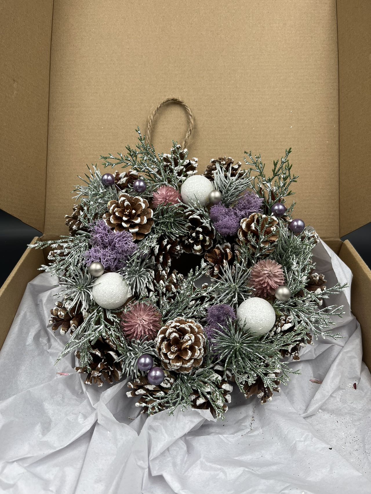 Snow Ball Christmas Wreath, Green, Crestwood Spruce, White Lights, Decorated with Pine Cones, Berry Clusters, Frosted Branches, Christmas Collection