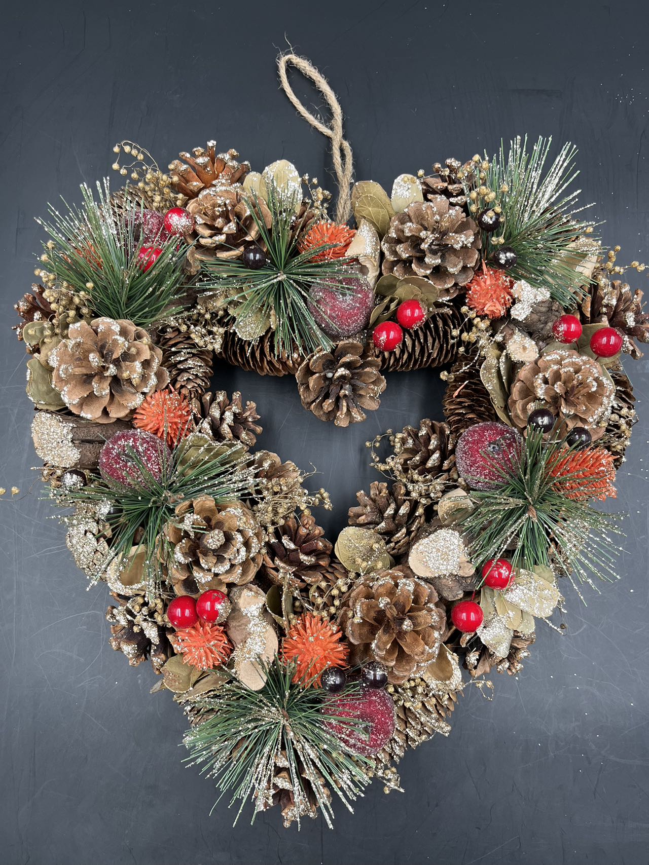 Heart Christmas Wreath, Green, Crestwood Spruce, White Lights, Decorated with Pine Cones, Berry Clusters, Frosted Branches, Christmas Collection
