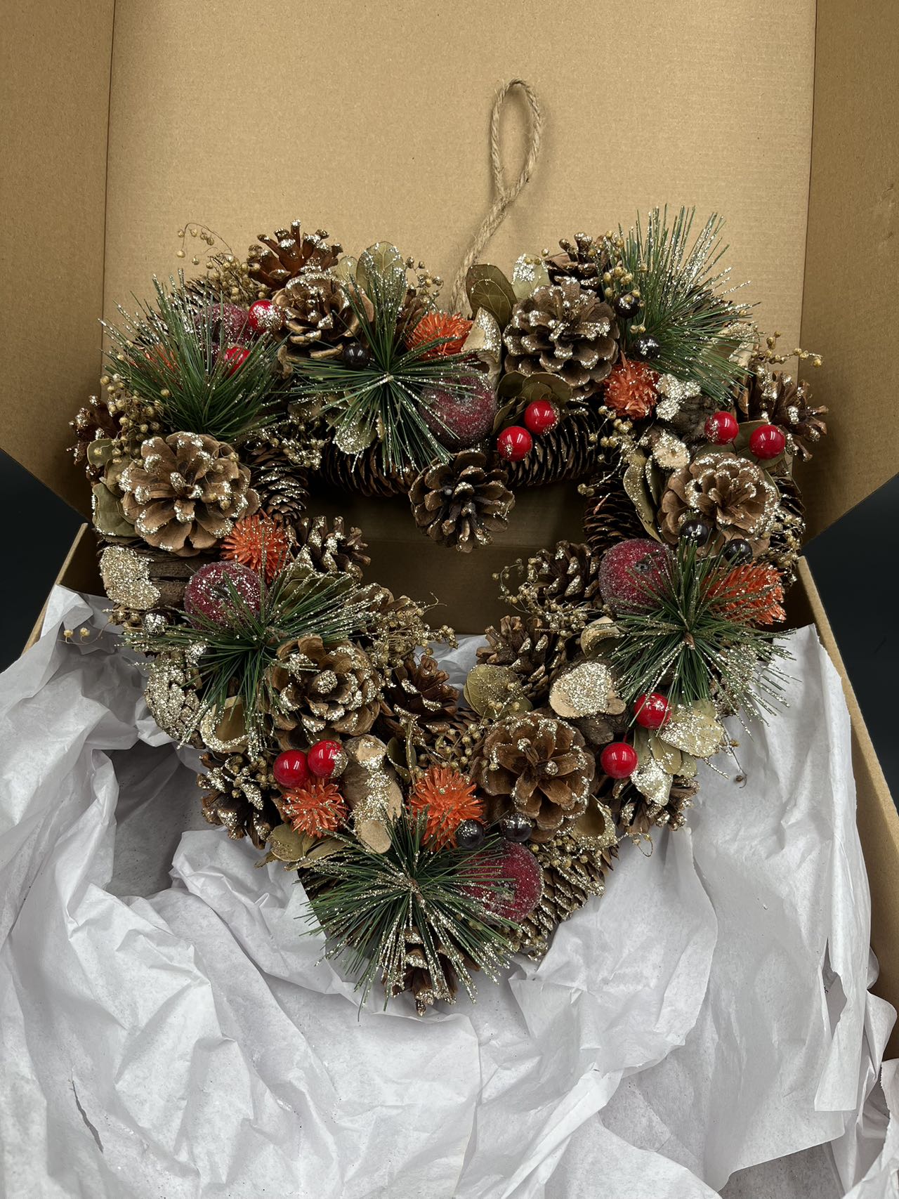 Heart Christmas Wreath, Green, Crestwood Spruce, White Lights, Decorated with Pine Cones, Berry Clusters, Frosted Branches, Christmas Collection