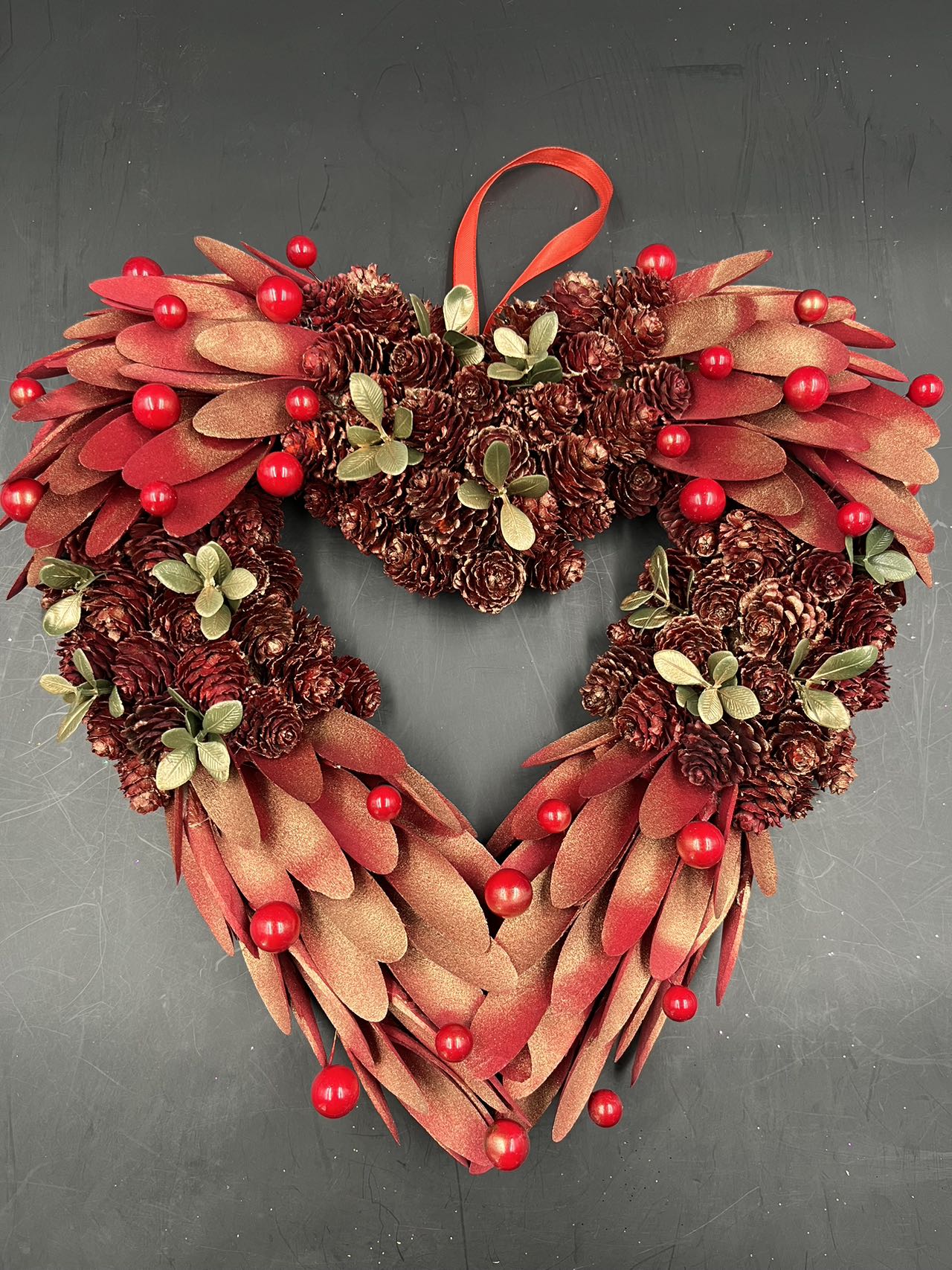 Red Heart Christmas Wreath, Green, Crestwood Spruce, White Lights, Decorated with Pine Cones, Berry Clusters, Frosted Branches, Christmas Collection