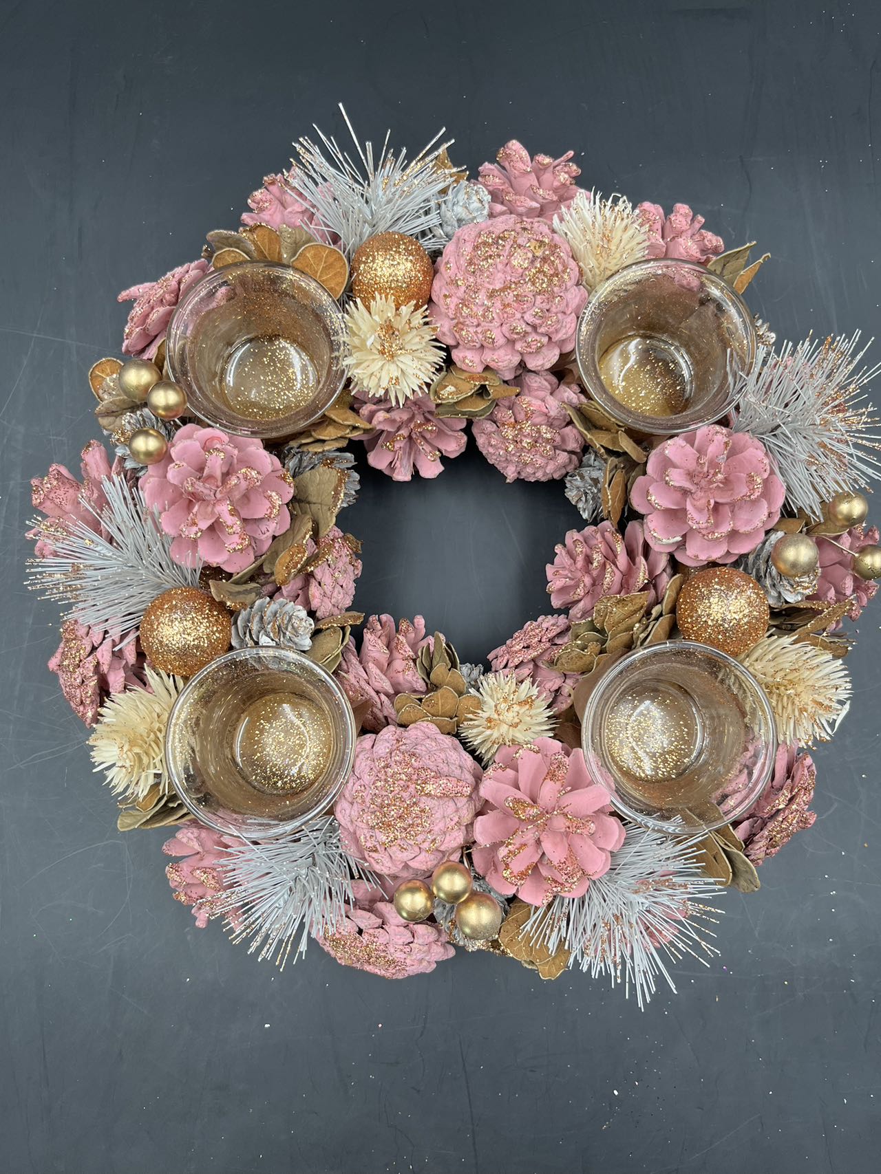 Pink Christmas Wreath, Green, Crestwood Spruce, White Lights, Decorated with Pine Cones, Berry Clusters, Frosted Branches, Christmas Collection