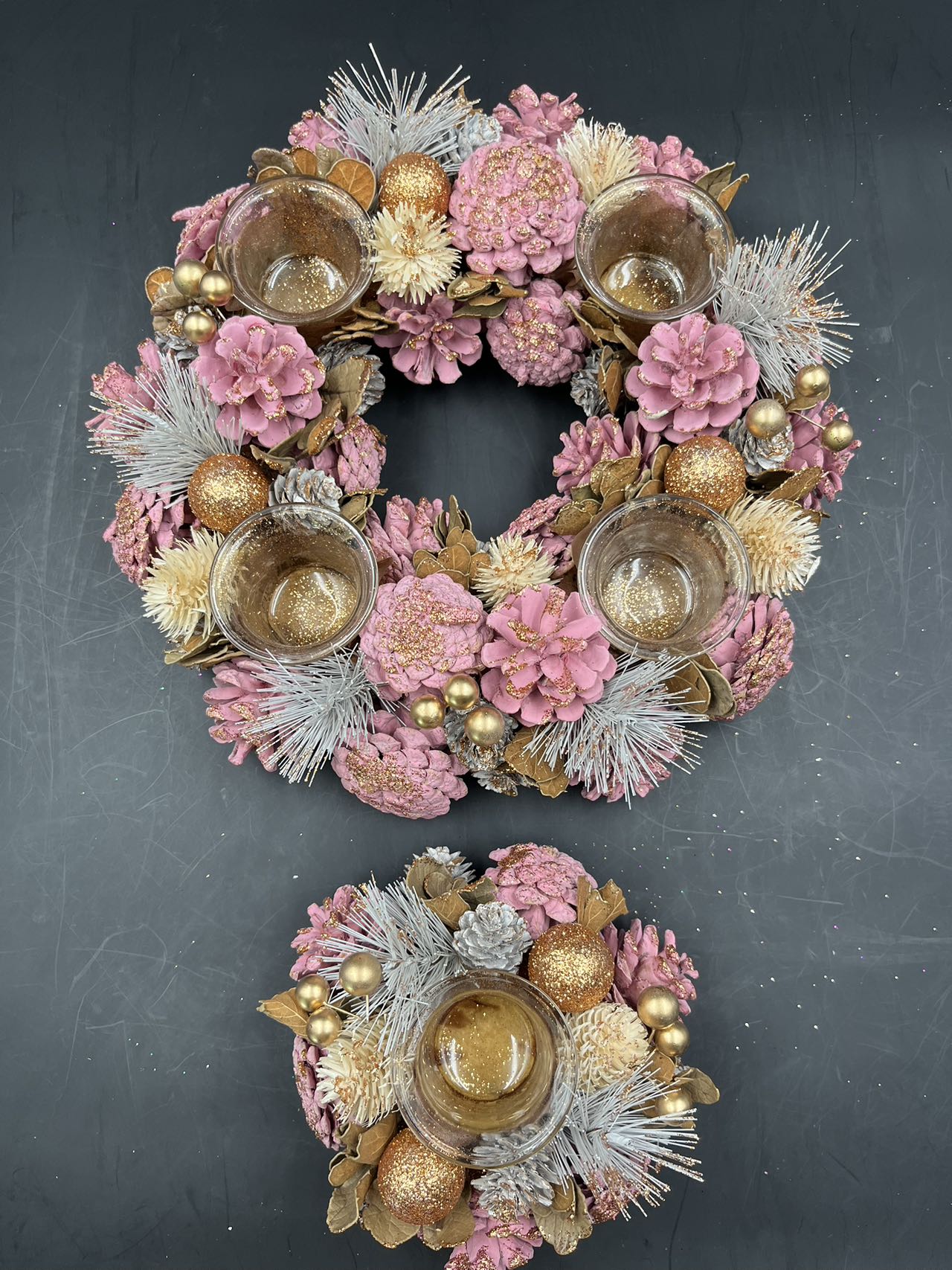 Pink Christmas Wreath, Green, Crestwood Spruce, White Lights, Decorated with Pine Cones, Berry Clusters, Frosted Branches, Christmas Collection