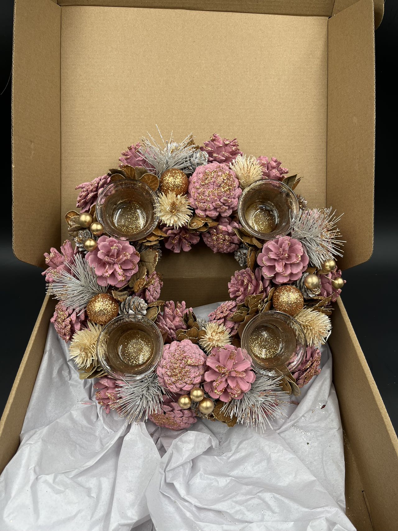 Pink Christmas Wreath, Green, Crestwood Spruce, White Lights, Decorated with Pine Cones, Berry Clusters, Frosted Branches, Christmas Collection