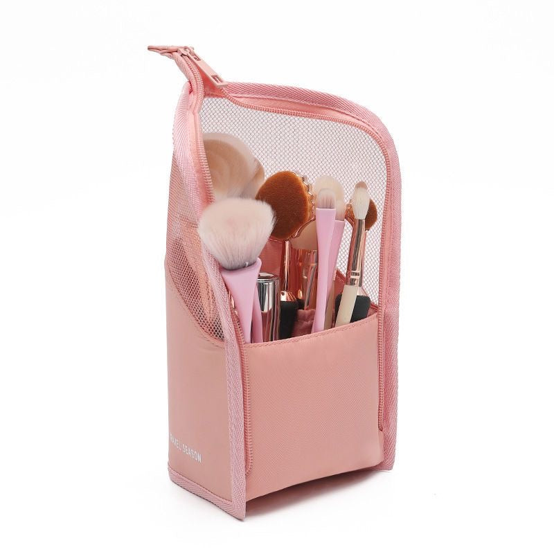 LEEFONE 2 PCS Makeup Brush Organizer Bag, Travel Makeup Brush Holder, High Capacity Portable Waterproof Dust-Free Stand-Up Makeup Brush Holder with Divider for Women Girls (Black + Pink)