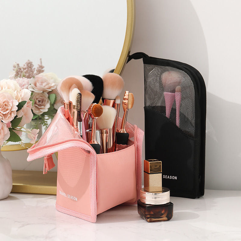 LEEFONE 2 PCS Makeup Brush Organizer Bag, Travel Makeup Brush Holder, High Capacity Portable Waterproof Dust-Free Stand-Up Makeup Brush Holder with Divider for Women Girls (Black + Pink)