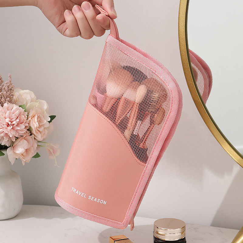 LEEFONE 2 PCS Makeup Brush Organizer Bag, Travel Makeup Brush Holder, High Capacity Portable Waterproof Dust-Free Stand-Up Makeup Brush Holder with Divider for Women Girls (Black + Pink)