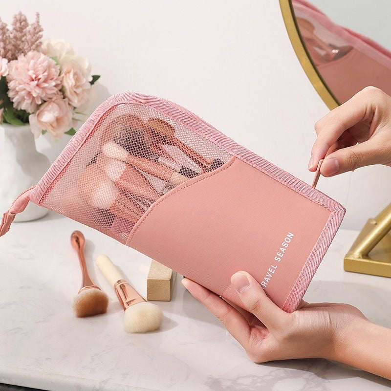 LEEFONE 2 PCS Makeup Brush Organizer Bag, Travel Makeup Brush Holder, High Capacity Portable Waterproof Dust-Free Stand-Up Makeup Brush Holder with Divider for Women Girls (Black + Pink)