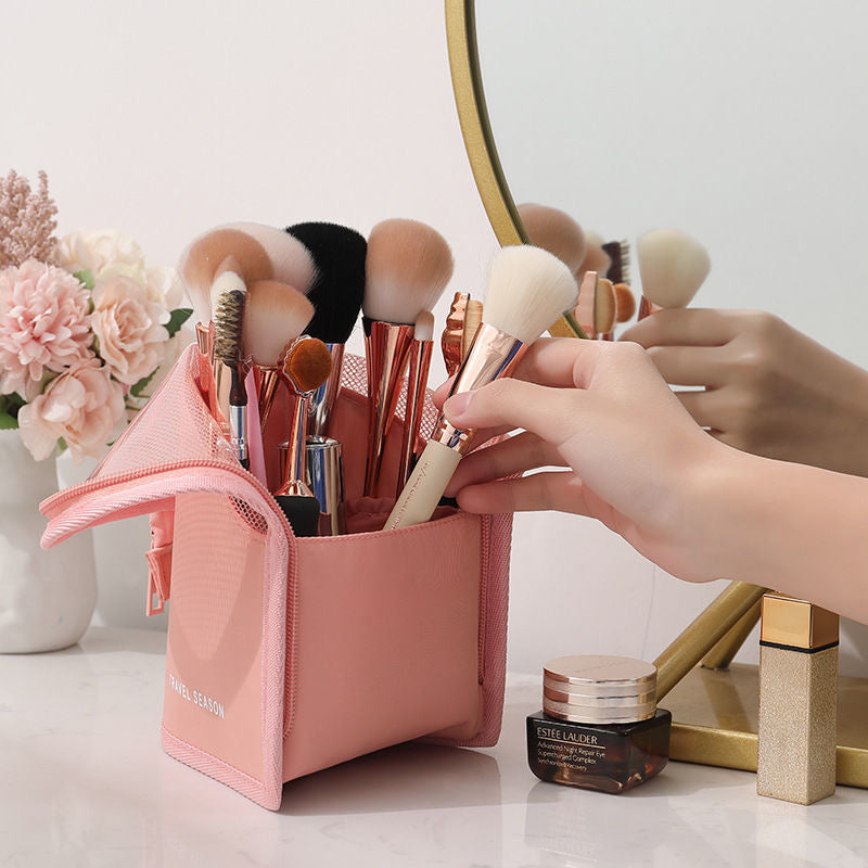 LEEFONE 2 PCS Makeup Brush Organizer Bag, Travel Makeup Brush Holder, High Capacity Portable Waterproof Dust-Free Stand-Up Makeup Brush Holder with Divider for Women Girls (Black + Pink)