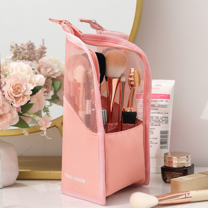 LEEFONE 2 PCS Makeup Brush Organizer Bag, Travel Makeup Brush Holder, High Capacity Portable Waterproof Dust-Free Stand-Up Makeup Brush Holder with Divider for Women Girls (Black + Pink)