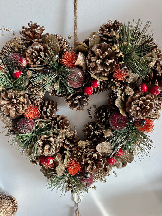 Heart Christmas Wreath, Green, Crestwood Spruce, White Lights, Decorated with Pine Cones, Berry Clusters, Frosted Branches, Christmas Collection