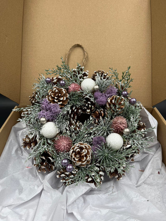 Snow Ball Christmas Wreath, Green, Crestwood Spruce, White Lights, Decorated with Pine Cones, Berry Clusters, Frosted Branches, Christmas Collection