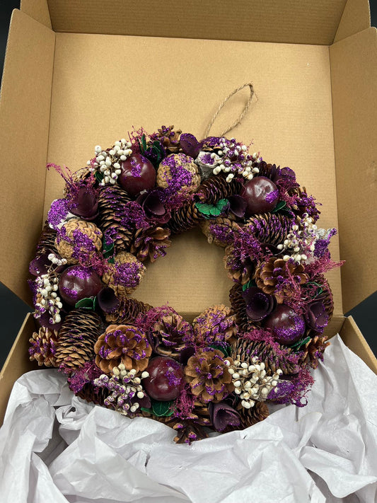 Purple Apple Christmas Wreath, Green, Crestwood Spruce, White Lights, Decorated with Pine Cones, Berry Clusters, Frosted Branches, Christmas Collection