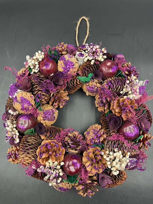 Purple Apple Christmas Wreath, Green, Crestwood Spruce, White Lights, Decorated with Pine Cones, Berry Clusters, Frosted Branches, Christmas Collection