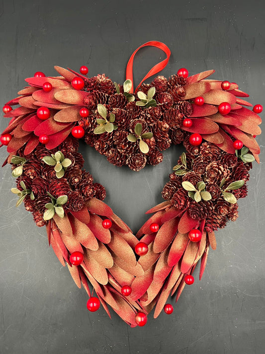 Red Heart Christmas Wreath, Green, Crestwood Spruce, White Lights, Decorated with Pine Cones, Berry Clusters, Frosted Branches, Christmas Collection