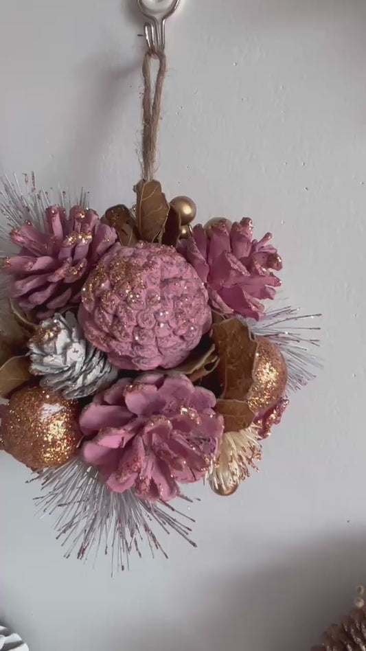 Pink Christmas Wreath, Green, Crestwood Spruce, White Lights, Decorated with Pine Cones, Berry Clusters, Frosted Branches, Christmas Collection